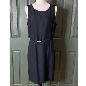 Ellen Tracy Pure Silk Sleeveless Belted Lined Sheath Women's Dress Navy Size 12